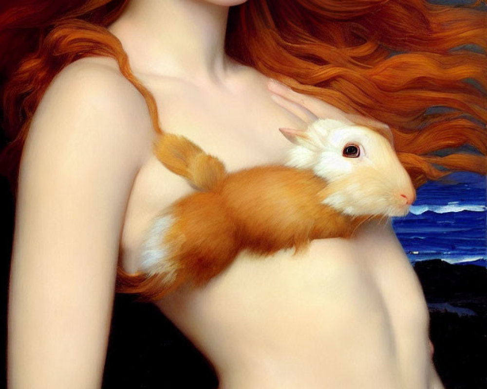 Surreal portrait of woman with red hair holding guinea pig