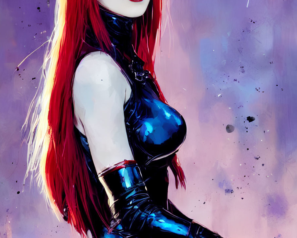Colorful illustration of woman with red hair and blue eyes in black bodysuit on purple background