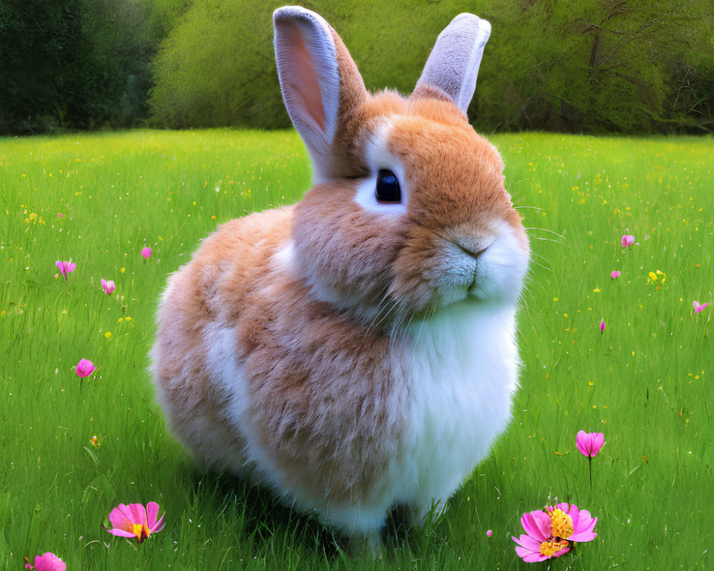 Fluffy brown and white rabbit in green meadow with pink flowers