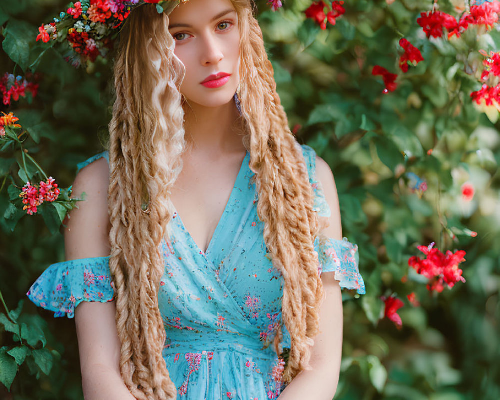 Young woman with long blond hair in floral wreath and blue dress surrounded by red blooms.