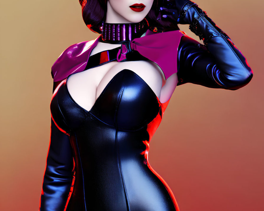 Short-haired woman in black and red bodysuit on gradient background