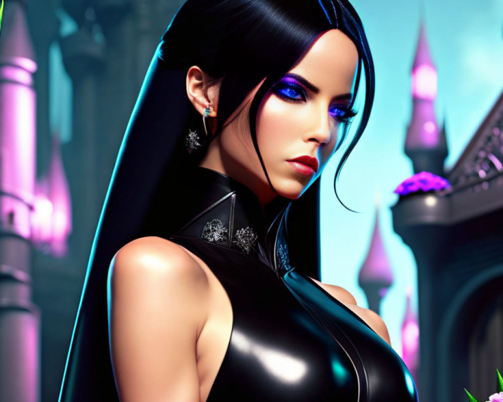 Digital art portrait of woman with blue eyes, black hair, black outfit, and castle background