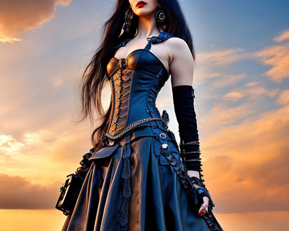 Gothic woman in corset and long skirt against sunset sky