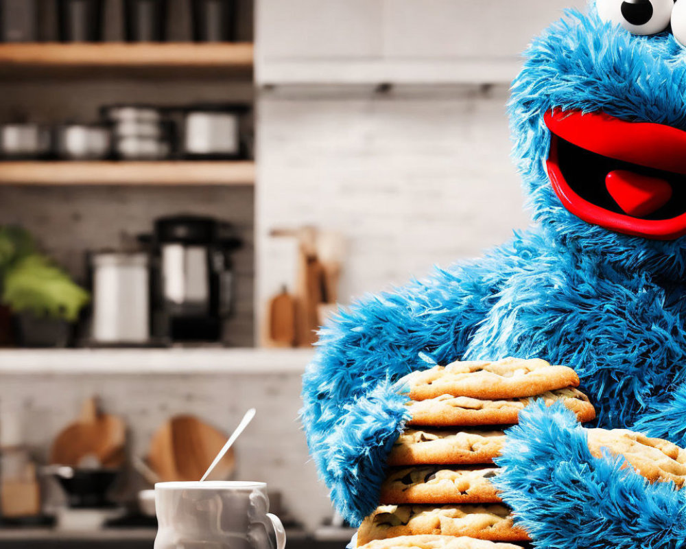 Blue Cookie Monster Plush Toy with Cookies and Coffee Cup in Kitchen