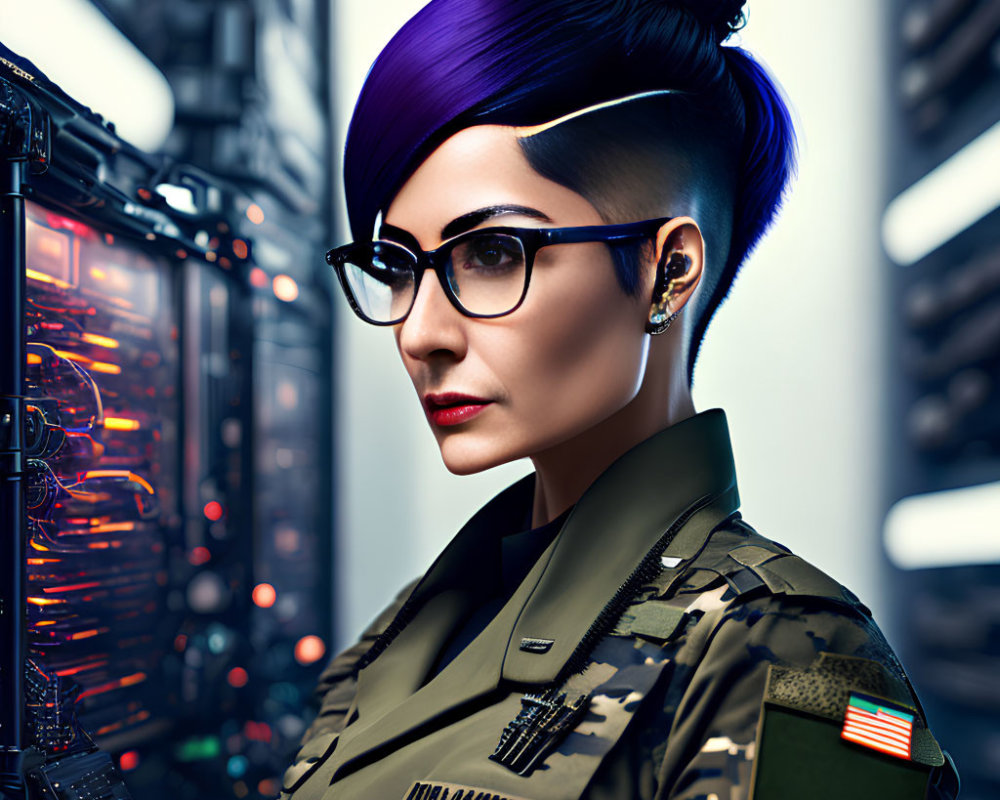 Stylish woman with purple hair in military outfit by server rack