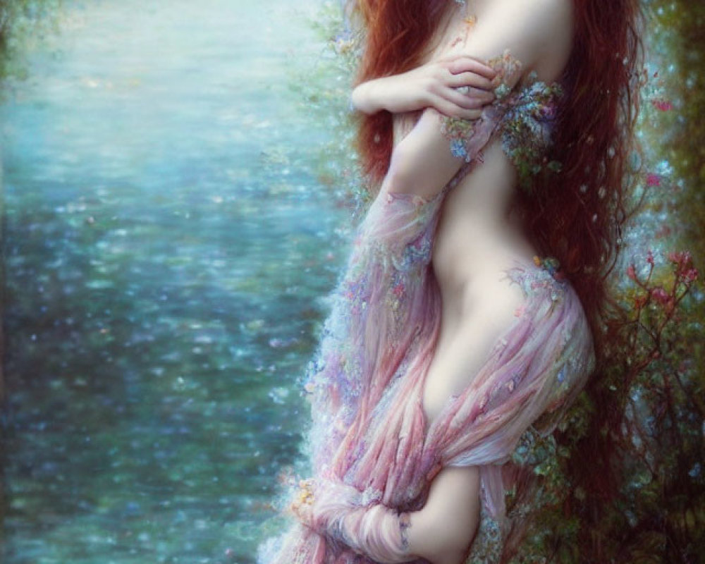 Fantasy-inspired image of a woman with red hair in floral crown and dress against nature backdrop.
