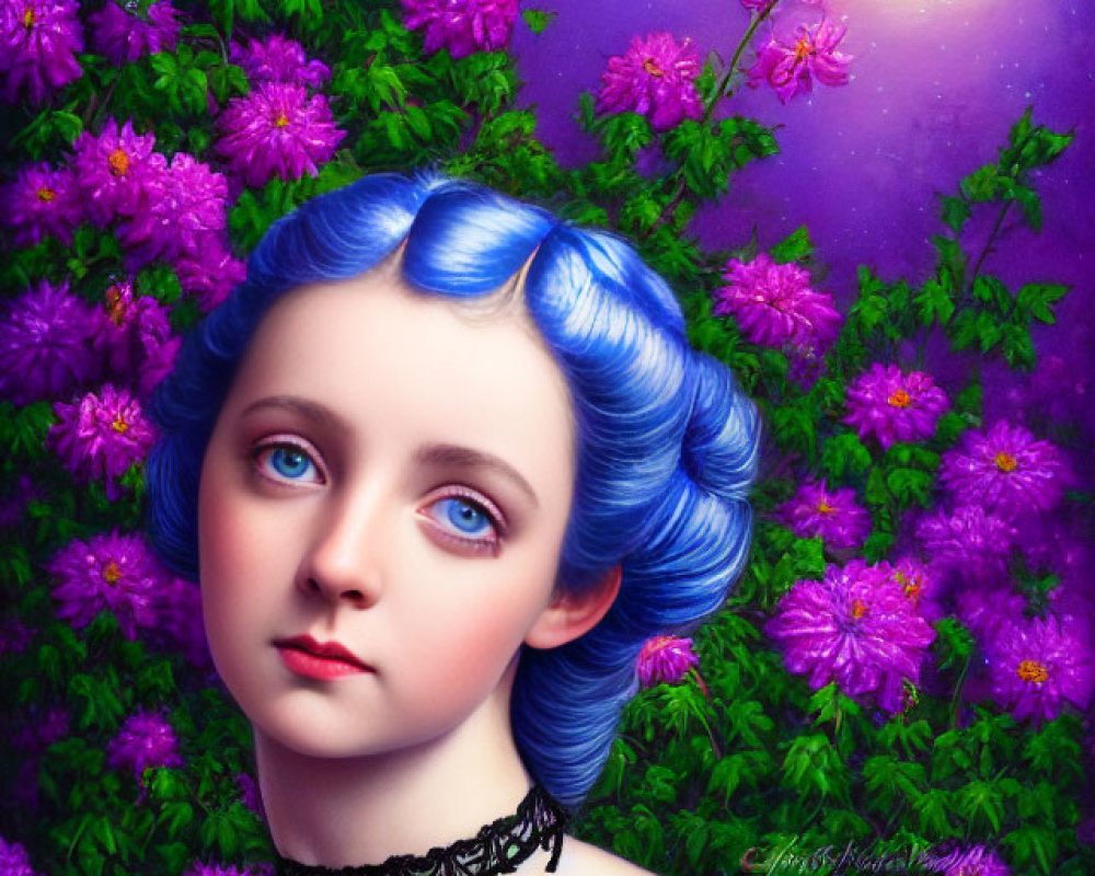 Portrait of Woman with Blue Hair Among Purple Flowers in Cosmic Setting