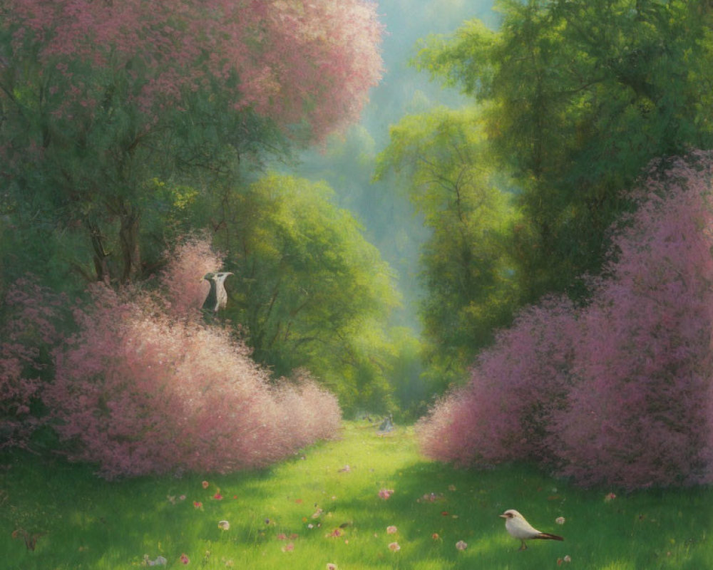 Tranquil forest clearing with green trees, pink blossoms, flowers, bird, and soft sunlight