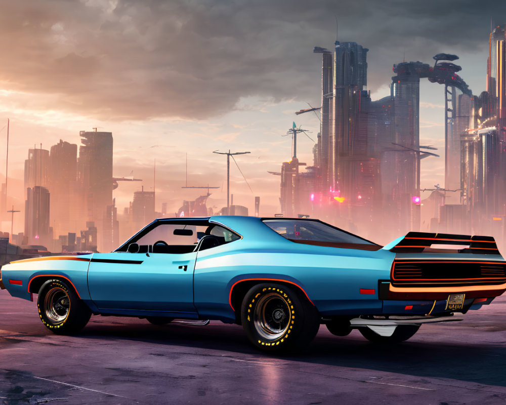 Classic Muscle Car with Blue and Black Design in Futuristic Cityscape at Dusk