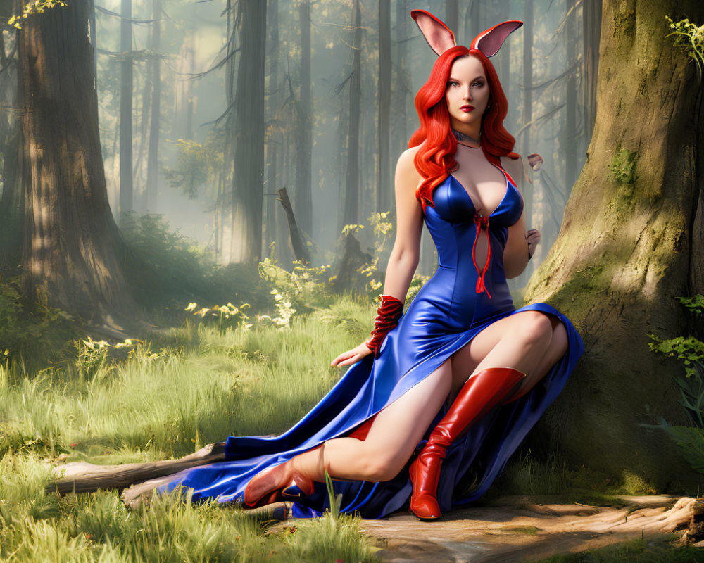 Woman in Blue and Red Rabbit Costume Sitting by Tree in Sunlit Forest