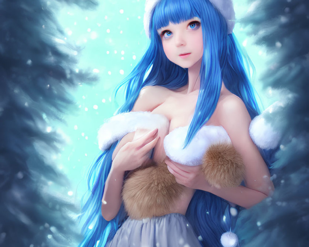 Blue-haired woman with rabbit ears in winter outfit among snow-covered trees