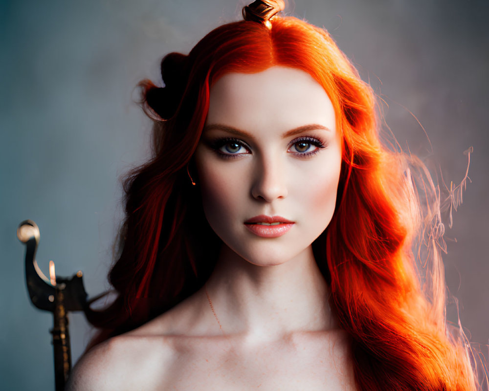 Woman with flowing red hair holding a lit candle and a sword