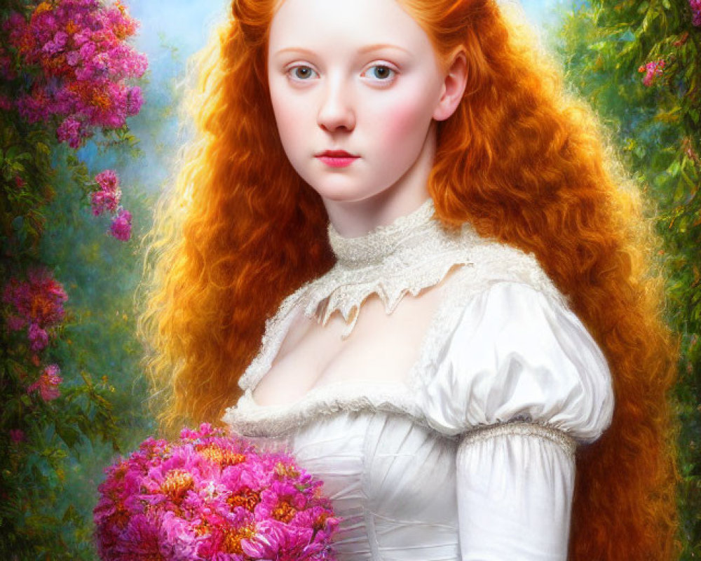 Young woman with red hair and floral crown among blossoming trees and bouquet.
