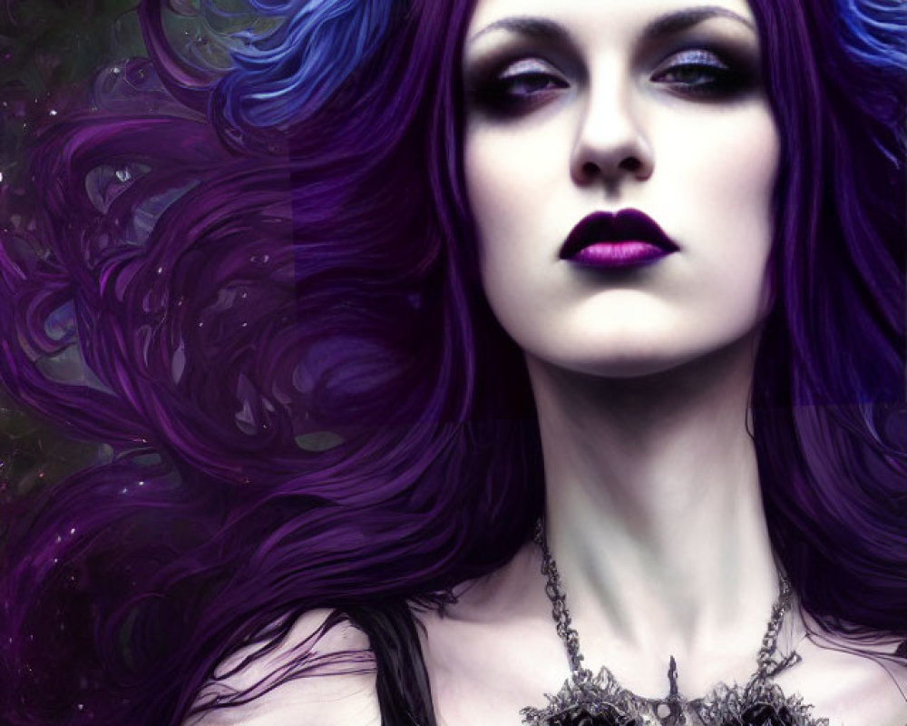 Vibrant purple-haired woman with dark crown and mystical skull necklace.