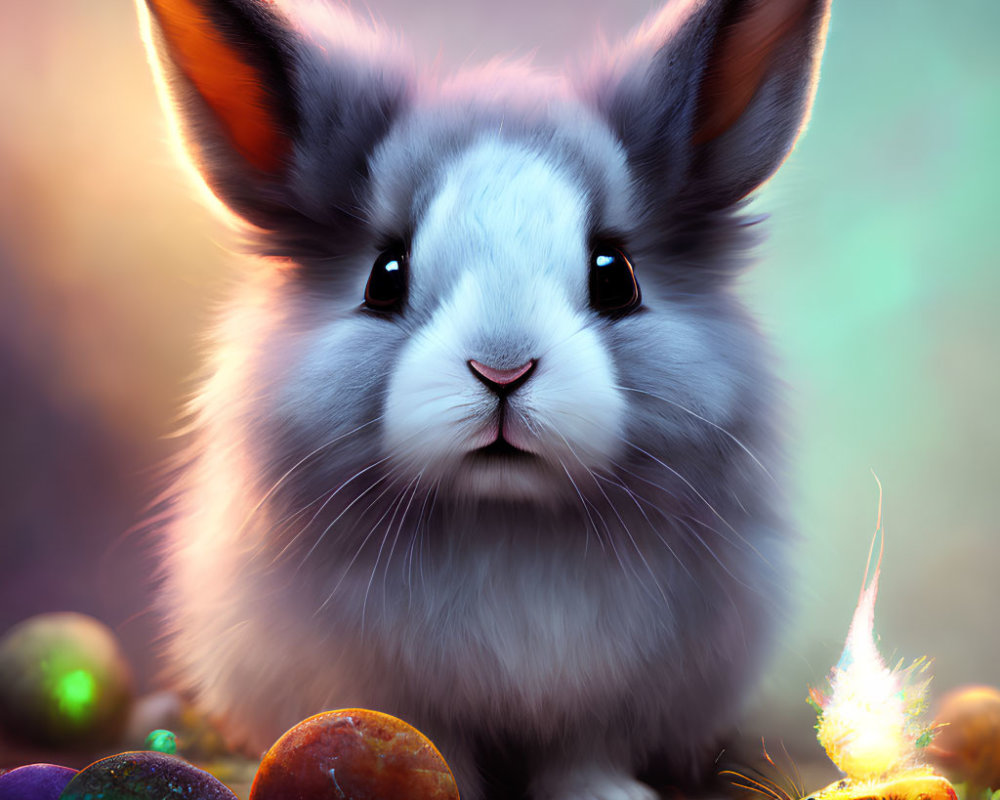 Fluffy rabbit with prominent ears among colorful Easter eggs and tiny chick with party hat
