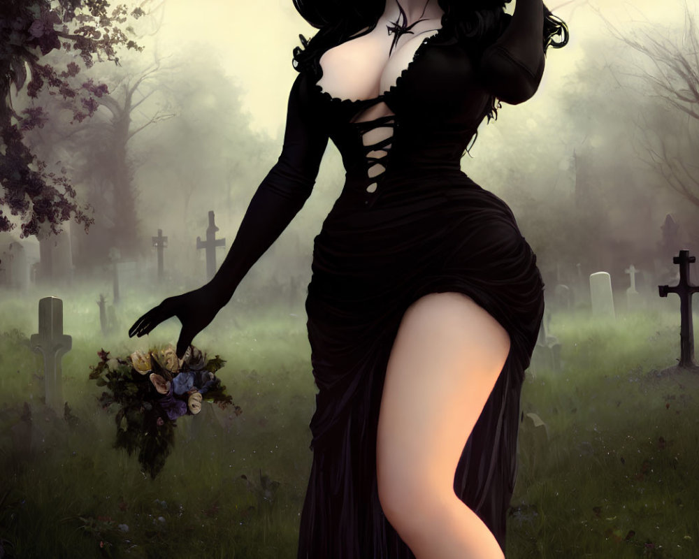 Illustrated woman in black gothic dress in misty graveyard with tombstones