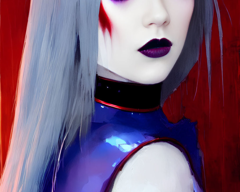 Character portrait with silver hair, purple eyeshadow, dark lipstick, and blue attire on red backdrop