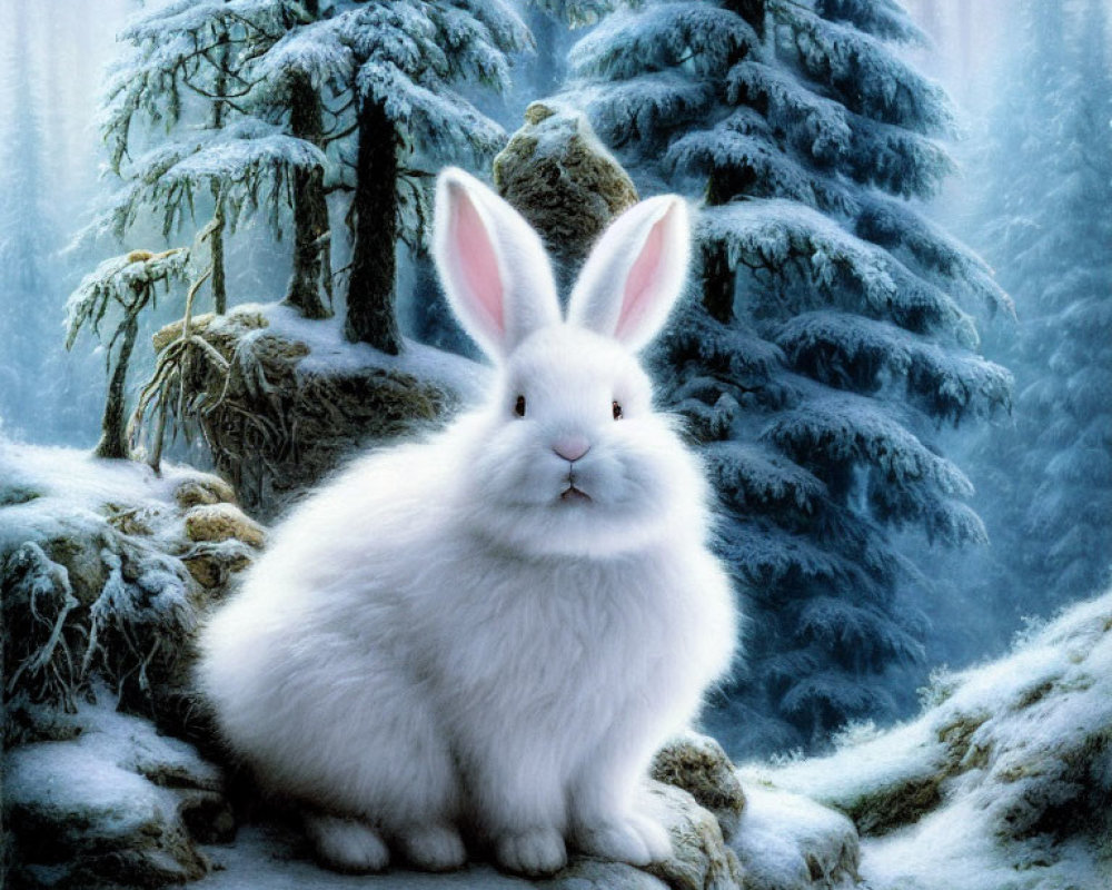 White Rabbit in Snowy Forest with Evergreen Trees and Mist