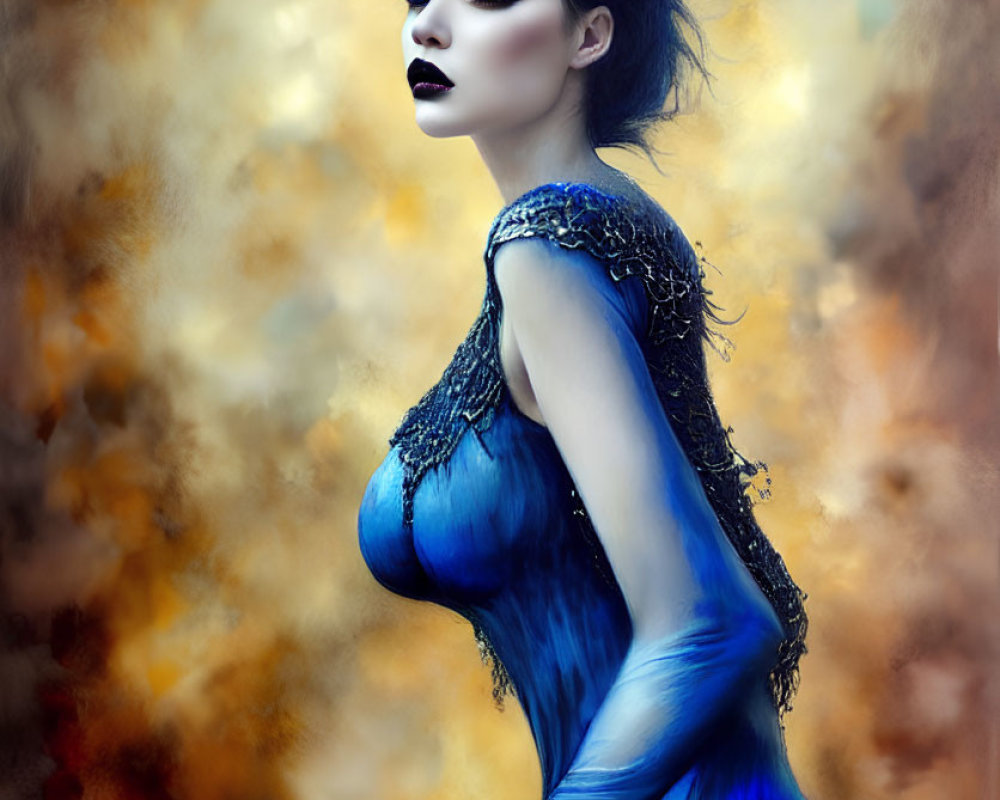Woman in Blue Flowing Gown and Crown Against Vibrant Autumnal Backdrop
