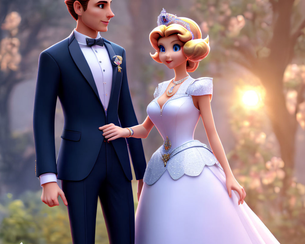 3D illustrated image of prince and princess in formal attire in enchanted forest at sunset