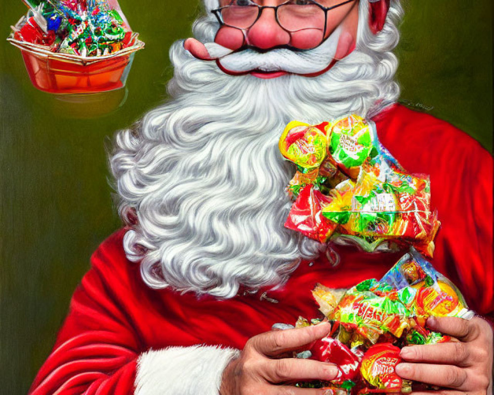 Santa Claus Painting with White Beard, Red Suit, and Colorful Candies