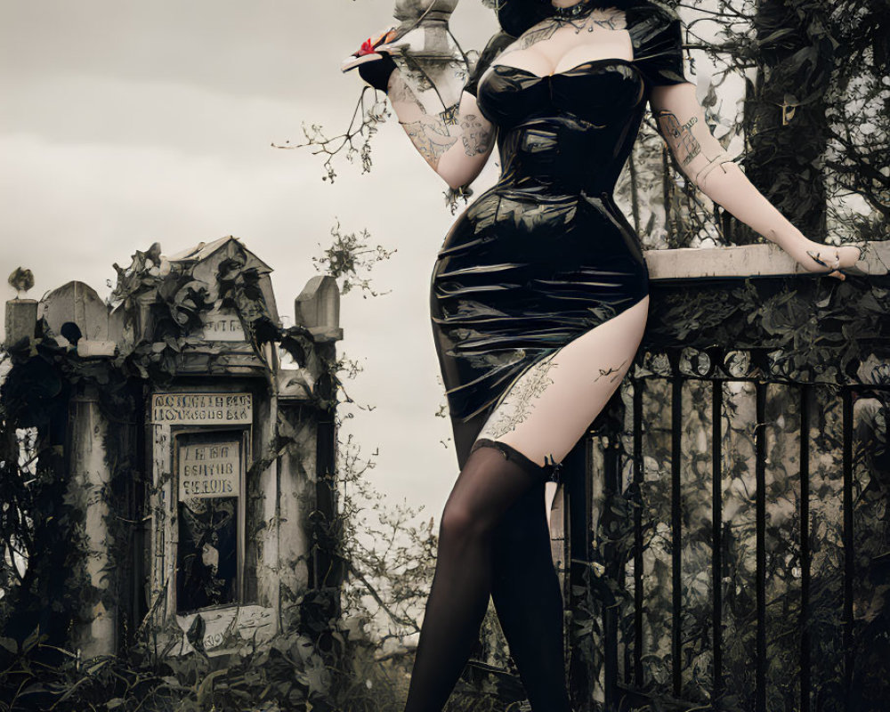 Woman in gothic black dress with bird by iron gate and tombstones.