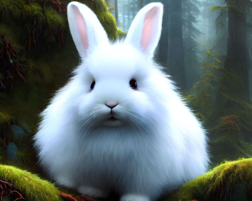 White Rabbit in Misty Forest with Autumn Leaves