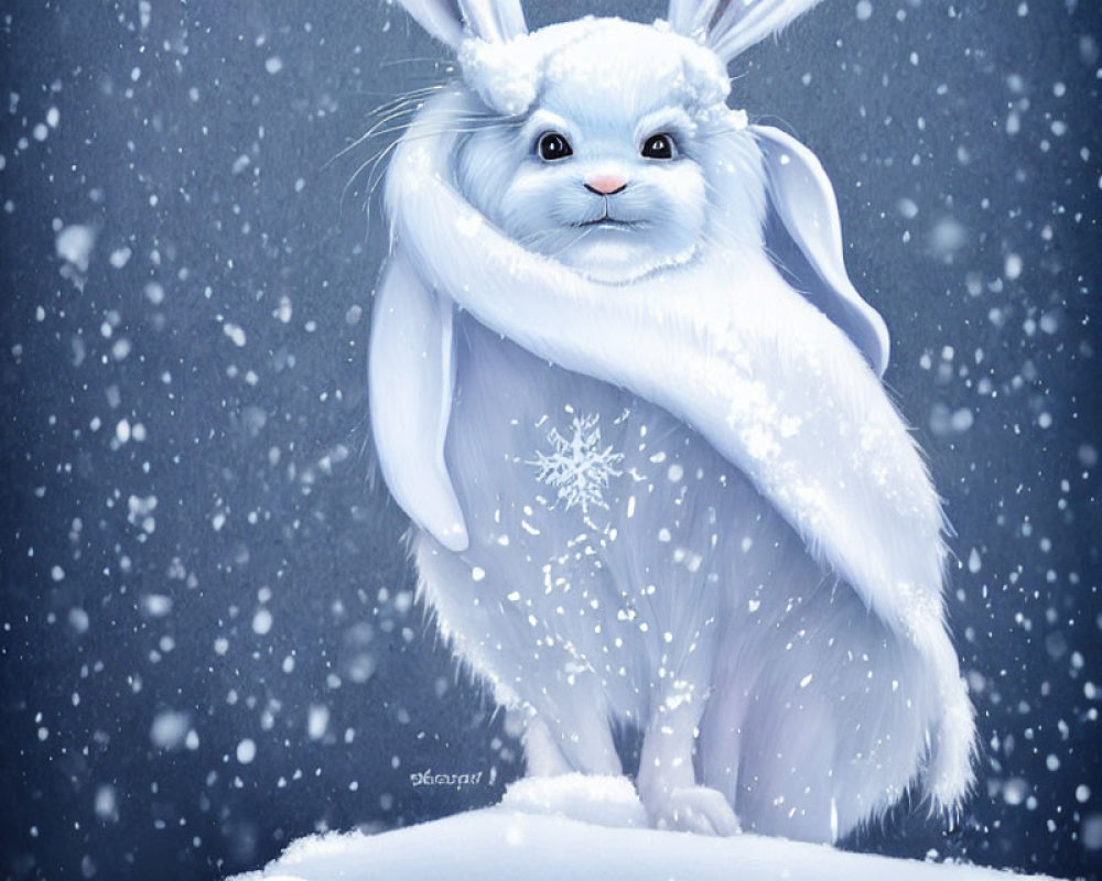 Illustration of a snow-white rabbit in snowfall with a delicate snowflake on its paw