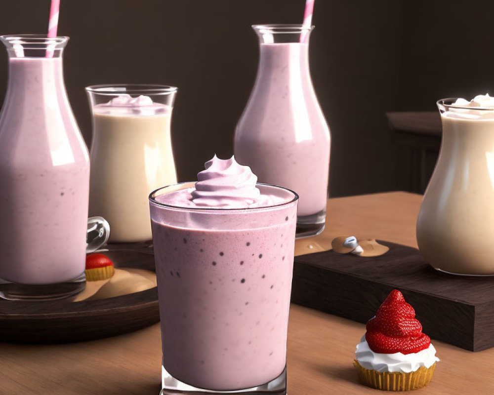 Creamy Strawberry Milkshake with Whipped Cream, Milkshake Bottles, and Yogurt Dessert