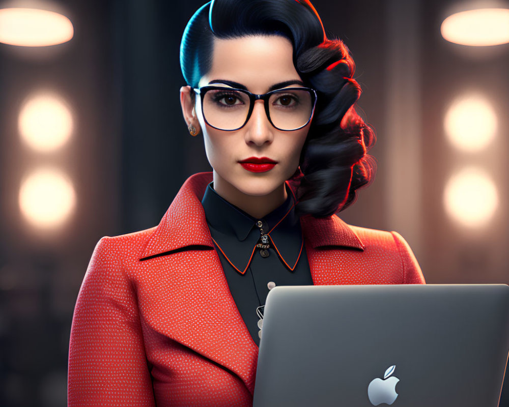 Stylized 3D Illustration of Woman in Vintage Attire Working on Laptop