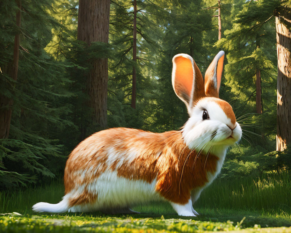 Large Stylized Rabbit with Orange and White Fur in Sunlit Forest Clearing