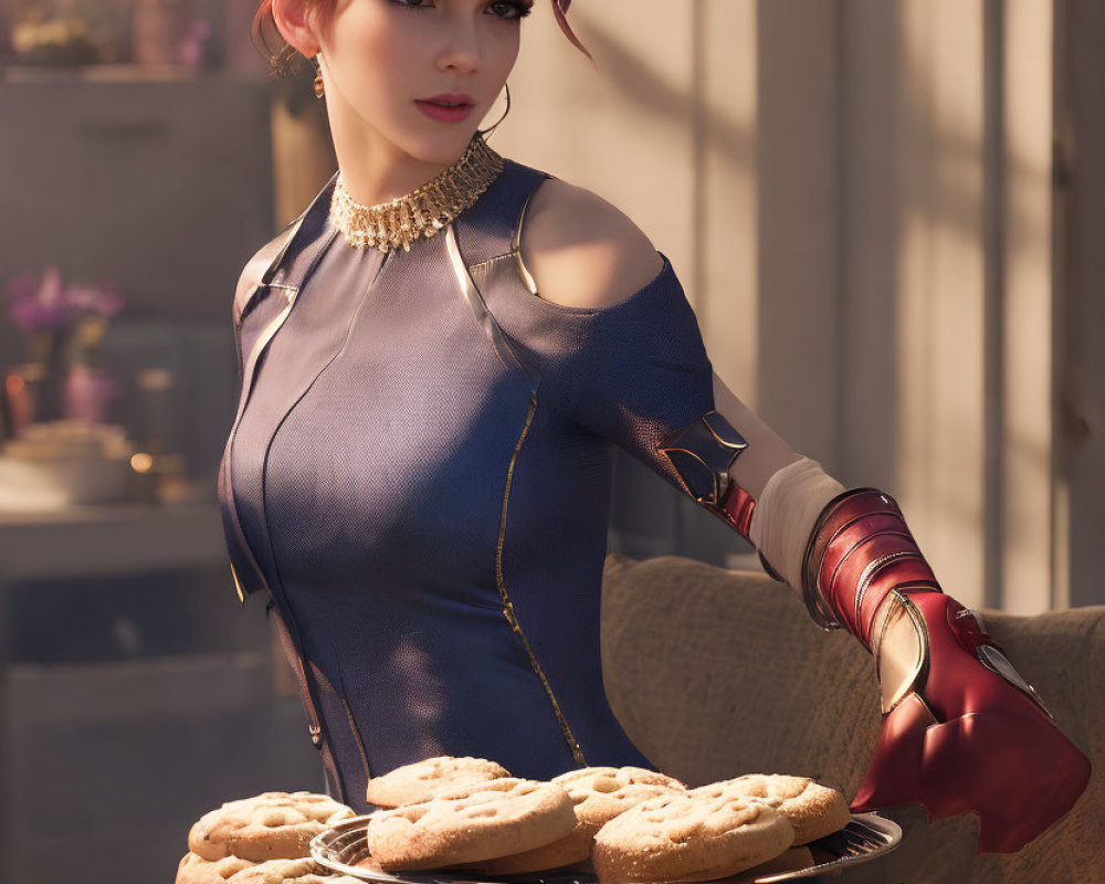 Illustration of woman with red hair in blue outfit placing tray of cookies on table