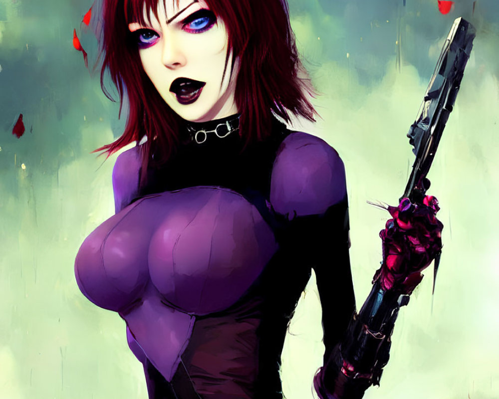 Red-haired woman in gothic makeup wields bloodied weapon in black bodysuit