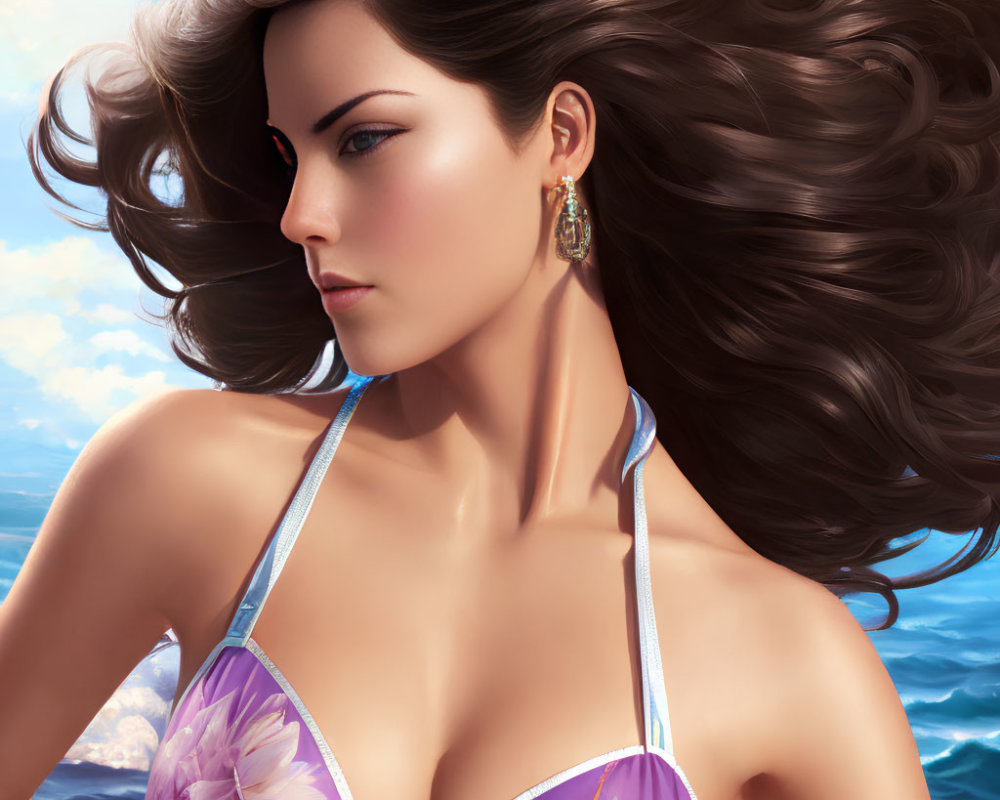 Digital illustration: Woman in purple floral bikini with flowing hair by blue ocean