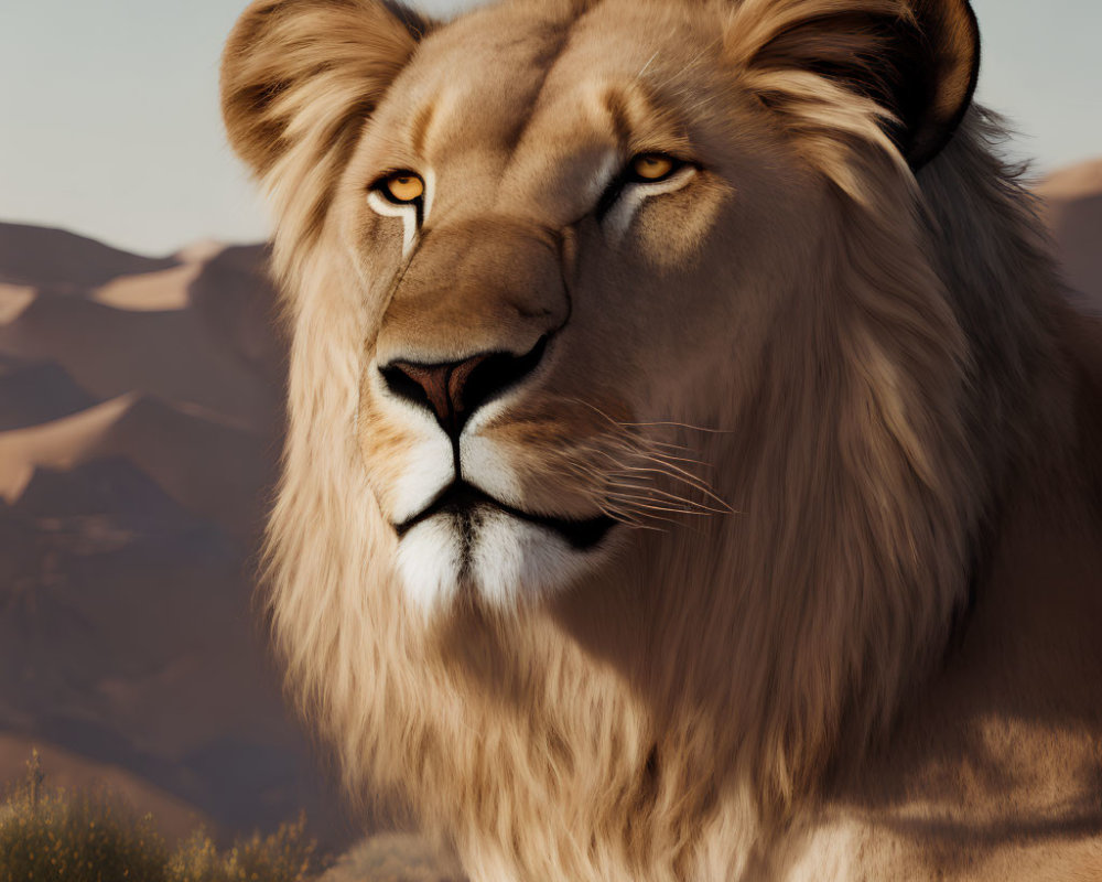 Detailed 3D rendering of majestic lion's head against desert hills and clear sky