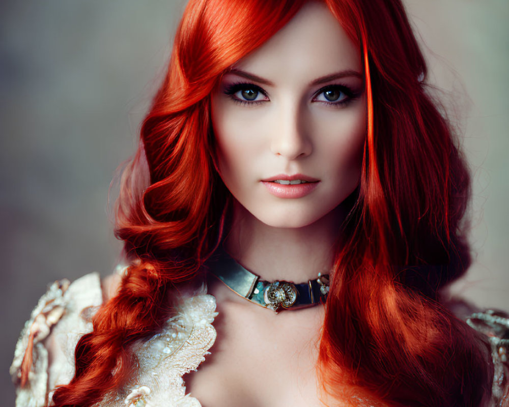 Vibrant red hair and green eyes on woman in white vintage dress
