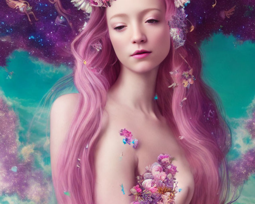 Woman with Unicorn Horn and Pink Hair in Celestial Setting