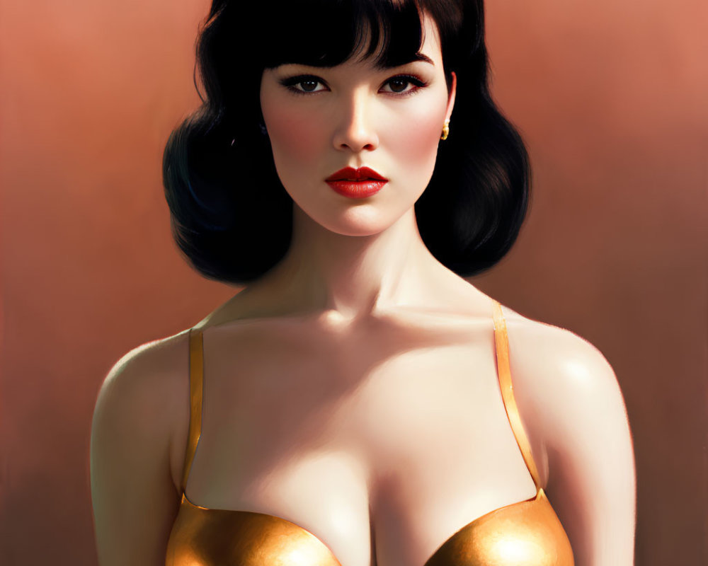Digital Portrait of Woman with Dark Hair in Vintage Hairstyle and Gold Dress
