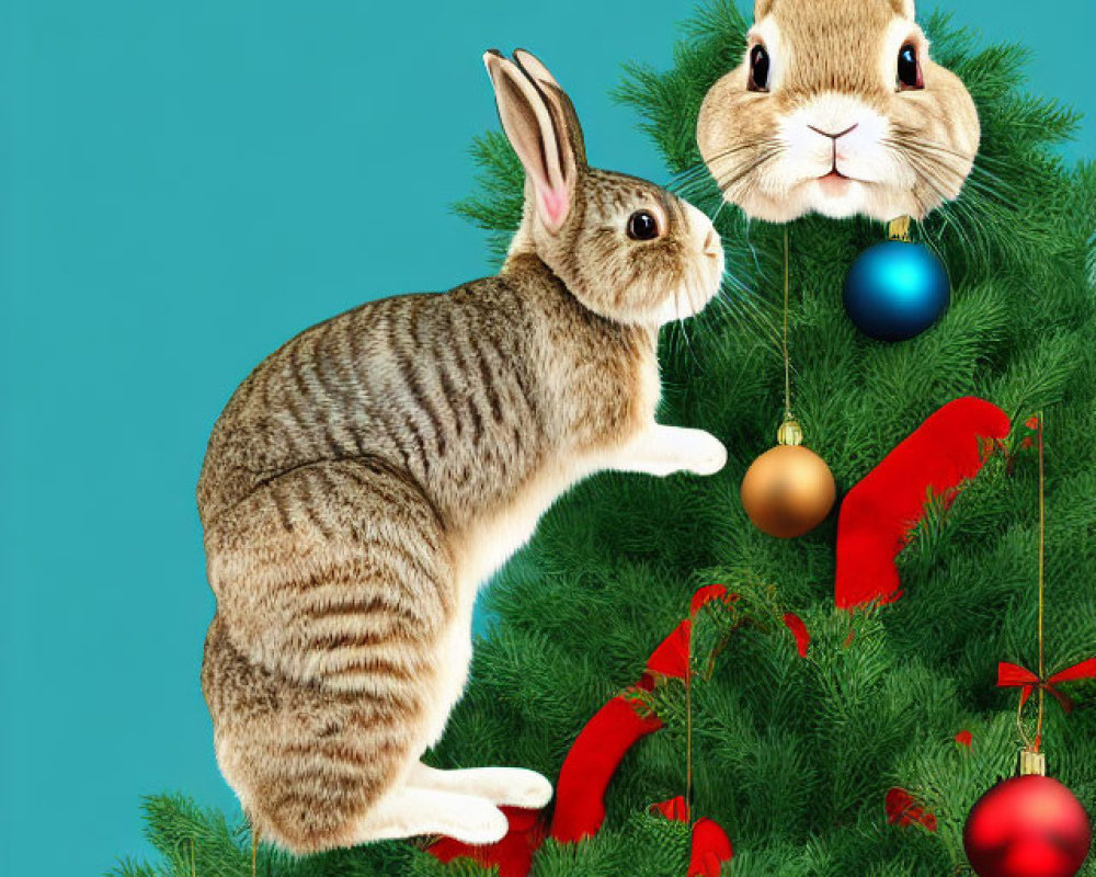 Whimsical rabbits with human-like ears near Christmas tree on teal background