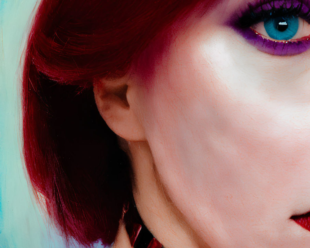 Close-up portrait of person with red hair, blue eyes, purple eyeshadow, and pale skin