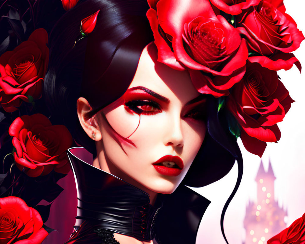 Digital artwork: Dark-haired woman with red makeup among red roses on white background with pink castle hint