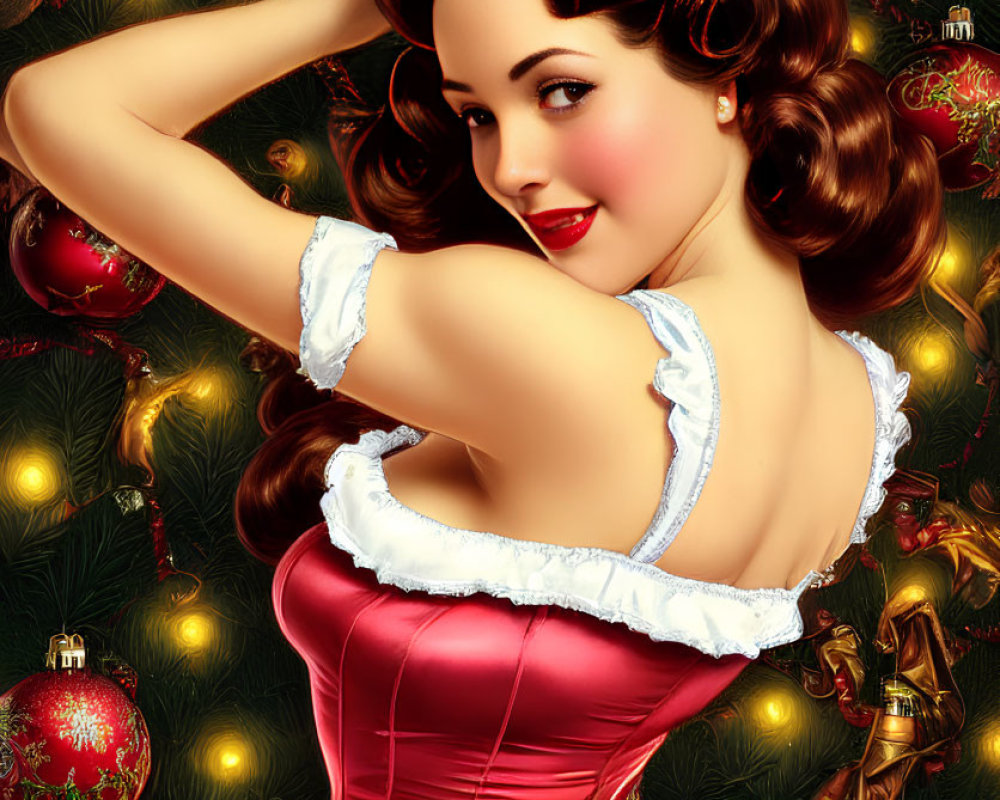 Vintage-inspired illustration of a woman in red bow, white dress, against Christmas tree branches.