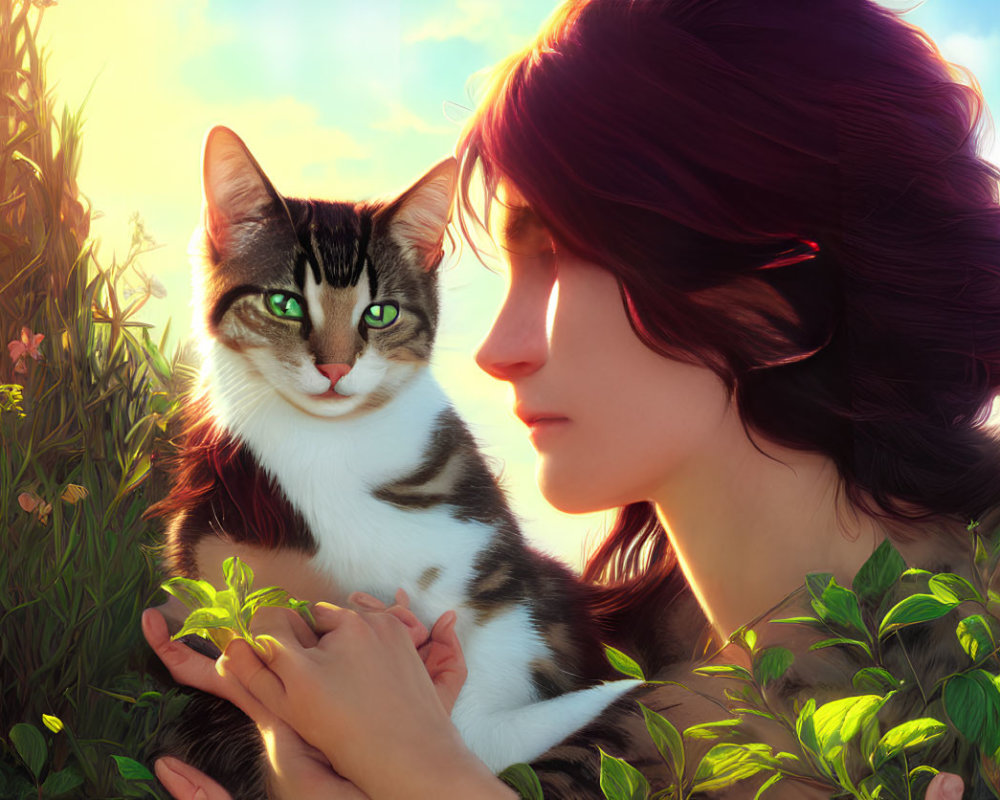 Dark-haired woman holding tabby cat in sunlit field