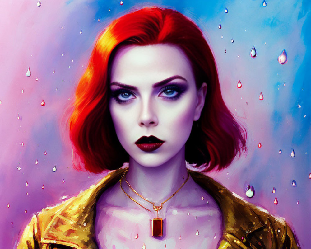 Portrait of Woman with Red Hair and Blue Eyes on Pink and Blue Background with Water Droplets