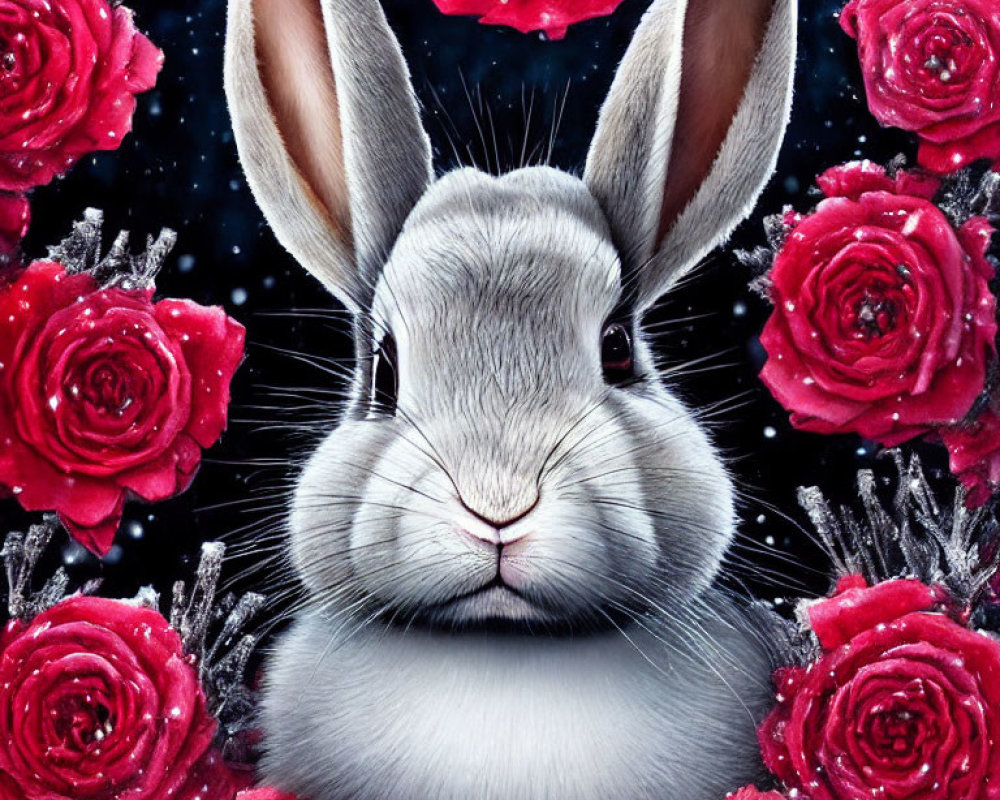 Grey Rabbit Surrounded by Red Roses and Starry Night Sky
