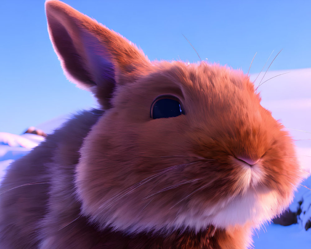 Brown rabbit head with large eyes and whiskers in snowy twilight scene
