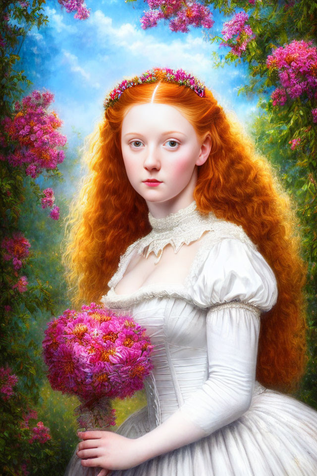 Young woman with red hair and floral crown among blossoming trees and bouquet.