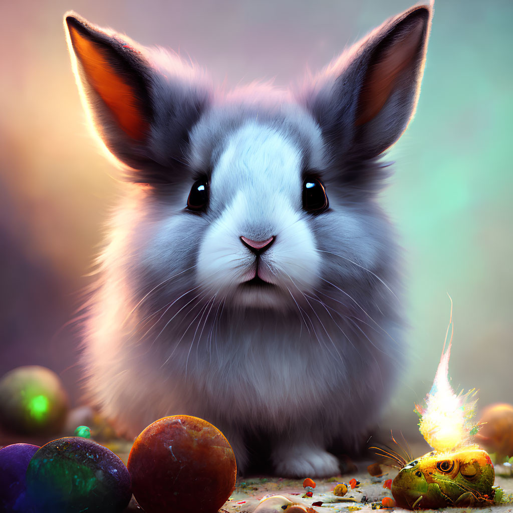 Fluffy rabbit with prominent ears among colorful Easter eggs and tiny chick with party hat