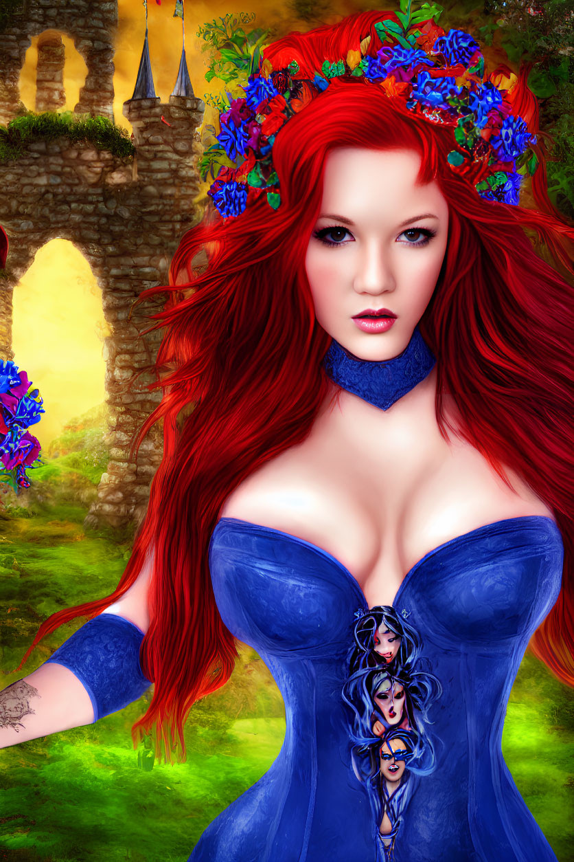 Vivid illustration of woman with red hair in blue dress against fantasy backdrop