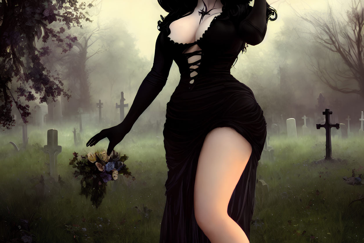 Illustrated woman in black gothic dress in misty graveyard with tombstones